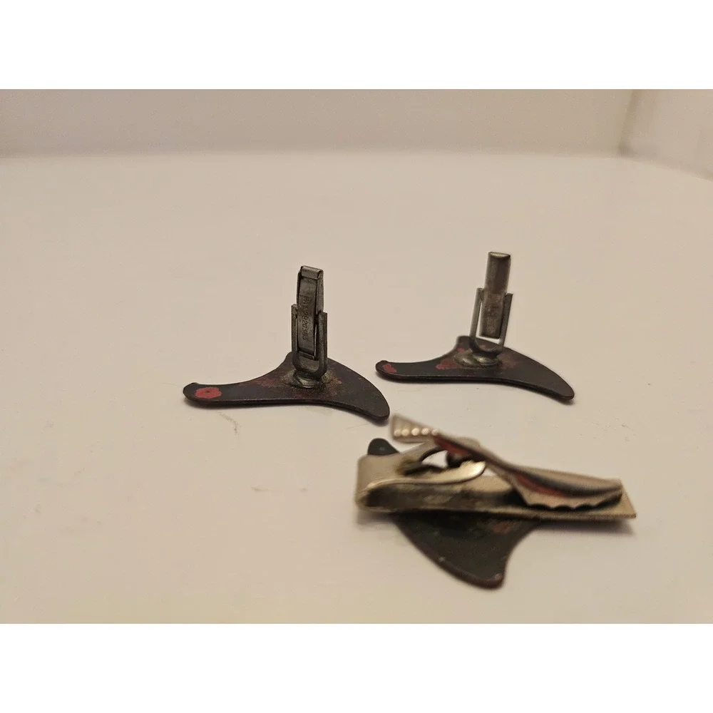 Vintage MCM Enamel Cufflink Tie Clip Set Black Orange Blue Abstract Boomerang